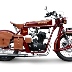 Vintage red Janus motorcycle with leather saddlebags isolated on a transparent background.